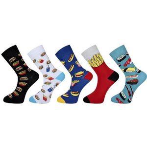 Set van 5 Fast Food sokken, grappige vrouwen geschenken, heren katoenen sokken, funky patroon sokken, katoen casual sokken, Pakket met Hamburger, Frietjes en Broodjes Sushi, 4-12