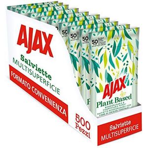 Ajax Plant Based Wegwerpdesinfectiedoekjes, meerdere oppervlakken, biologisch afbreekbaar en met plantaardige oorsprongsvezels, 500 doeken, 10 verpakkingen van 50 stuks