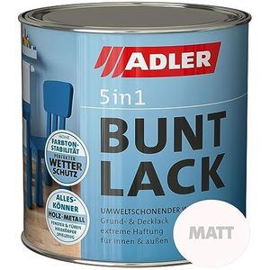 ADLER RAL9016 5-in-1 gekleurde lak voor binnen en buiten, mat, 750 ml, weerbestendige lak en primer voor hout, metaal en kunststof, wit