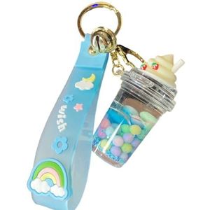 ZDHC Aardbei Ijs Cup Vloeibare Sleutelhanger Creatieve Regenboog Boon Drijfzand Acryl Sleutelhanger Schooltas Hanger voor Kid Meisjes, Blauw, Eén maat