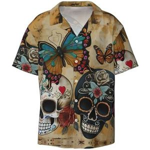 OdDdot Sugar Skulls vlinderprint herenoverhemden atletisch slim fit korte mouw casual zakelijk overhemd met knopen, Zwart, 3XL