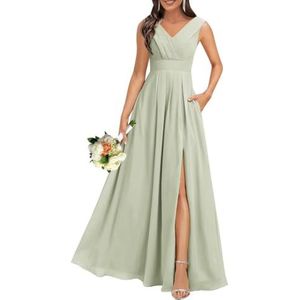 Chiffon bruidsmeisjesjurken voor dames, voor bruiloft, met split, cocktailjurk, avondjurk, baljurk, grote maten, Sage Groen, 32