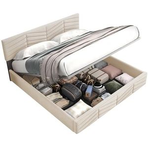 WEALTHOUSE Continentaal bed met fluwelen bekleding, inklapbaar lattenframe met gasdrukveer, stijlvol hoofdeinde met verticale naden, geïntegreerd opbergsysteem, stabiele onderbouw (beige, 140x190cm)