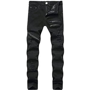 Gescheurde Skinny Stretchjeans Voor Heren Slim Fit Noodlijdende Spijkerbroek Casual Rechte Spijkerbroek Moto Biker-jeans (Color : Noir, Size : 3XL)