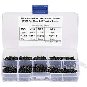 Assortiment plaatschroeven, zelftappende schroeven, 400 stuks, M2 / M2.6, zwart, lenskop, schroevenset, assortiment pankopschroeven, kit met doos, van roestvrij staal