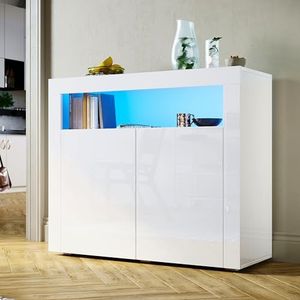 SUNXURY Keukenkast, sideboard, wit, hoogglans, 2 deuren, zonder handgrepen, commode met led voor gang, slaapkamer, keuken, 108 x 92 x 40 cm (b x h x d)