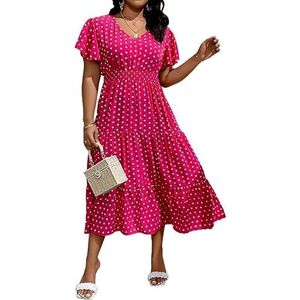 voor vrouwen jurk Plus jurk met stippenprint, vlindermouwen en ruches aan de zoom (Color : Hot Pink, Size : 3XL)