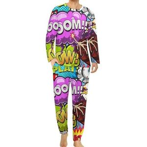 Comic Style Leuke Comfortabele Heren Pyjama Set Ronde Hals Lange Mouw Loungewear met Zakken XL
