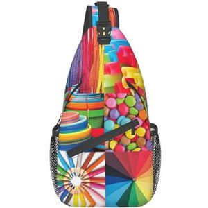 FRGMNT Roze Bloemen Bladeren Print Crossbody Sling Rugzak Sling Tas Voor Vrouwen, Borst Tas Dagrugzak Crossbody Voor Reizen Sport, Kleurrijke collage, Eén maat