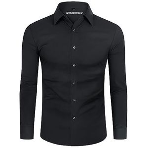 DEMEANOR Overhemd Heren Stretch Lange Mouwen Vrijetijdshemd Slim Fit Zakelijk Strijkvrij, Zwart, M