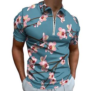 Momo perzik bloemenbloesem poloshirt voor heren, casual T-shirts met ritssluiting en kraag, golftops, slim fit
