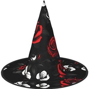 TyEdee Halloween heksenhoed tovenaar spookachtige pet mannen vrouwen, voor Halloween feest decor en carnaval hoeden - zwart wit en rode rozen
