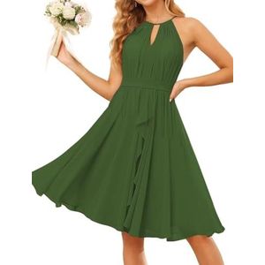 WSEYU Halter Schoolgala Jurken voor Tieners Korte Chiffon Bruidsmeisje Afstuderen Cocktail Party Jurk met Zakken ZM205, Olijfgroen, 32