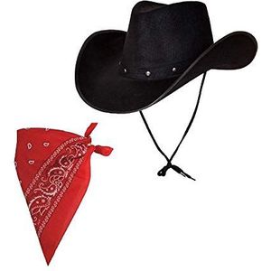 Volwassen Texan Cowboy Hoed Zwart & Rood Bandana/Nekdoek Fancy Dress Party Accessoire Wild Western Sheriff Country Western Rancher