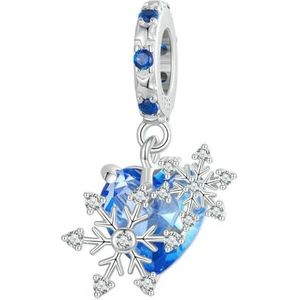 QANDOCCI FUNNALA Winter blauwe liefde sneeuwvlokken bungelende kraal 925 zilver DIY past voor vrouwen mode bedels armbanden sieraden, Sterling zilver, Zirkonia