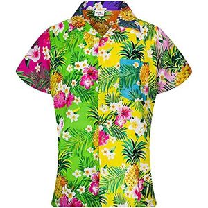 King Kameha Funky Hawaïblouse voor dames, korte mouwen, voorzak, Hawaii-print, ananas-bloemenprint, Pineapple Flowers Mix, 3XL