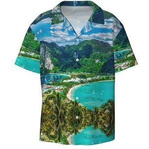 OdDdot Groen tropisch eiland print heren button down shirt korte mouw casual shirt voor mannen zomer business casual overhemd, Zwart, XXL