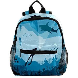 Blauwe haaien Onderwater Leuke Mode Mini Rugzak Pack Bag, Meerkleurig, 25.4x10x30 CM/10x4x12 in, Rugzak Rugzakken