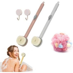 2-delige badmassage-reinigingsborstel met lange steel en zeepdispenser, 2024 nieuwe vloeibare badborstel met lange steel, rugschrobber for douche, zeepdispenserborstel (Color : Pink+grey)