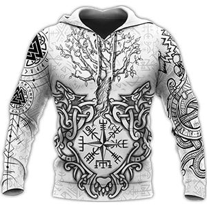 Nordic Compass Wolf Tattoo Mens Viking Zip Sweatshirt, Noorse Mythologie Tree Of Life Hoodie Met Lange Mouwen, 3D Digital Print Unisex Fall Harajuku Casual Pullover