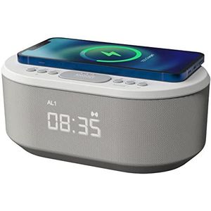 i-box Draadloze oplaadradio aan het bed Wekker met dimbaar LED-display - niet-tikkende dubbele wekker met USB-oplader en Bluetooth-luidspreker, wit
