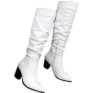 Zyerern Lange Laarzen Voor Vrouwen Retro Stijl Nieuwigheid Laarzen Puntschoen Chunky Hakken Mouw Medium Lange Knie Hoge Laarzen, JH02, Wit, 5 UK Wide