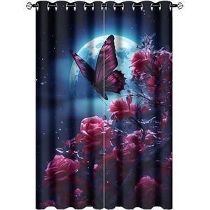 AEMYSKA Nachtrozen verduisterende tule gordijnen voor slaapkamer moderne bloem mooie vlinder maan thermisch geïsoleerde gordijnen kamer verduistering licht blokkerende gordijnen 106,7 x 160 cm