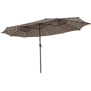 COSTWAY Dubbele parasol met led-verlichting, 450 x 260 cm, grote XXL UPF 50+, tuinparasol met zwengel, terrasparasol, marktparasol voor tuin, terras en zwembad (bruin)