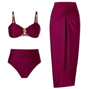 HFYRBDKSPI Dames 3-delige Bikini Sets Spaghetti Bandjes Geplooid Badpak met Strand Cover Up Wrap Rok Sarong,Wine red,M