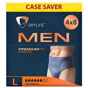 Drylife Premium Fit incontinentiebroek voor heren voor blaaszwakte - snelle absorptiekern, anti-lekbarrières, geurbestrijdingstechnologie en mannelijke stijl - groot (pak van 32)