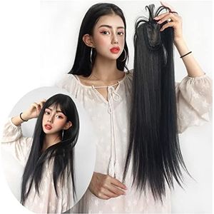 Clip in Topper voor Vrouwen Cover Nieuw-Groei Haar Met 3D Wispy Pony Voorhoofd Relacement Wiglet 35cm Donkerbruin