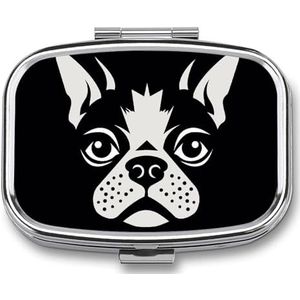 Franse BulldogPill Organizer met spiegel, 2 compartimenten metalen reispillenetui, wekelijkse medicijncontainer voor dagelijkse medicijnen, compact en artistiek ontwerp voor portemonnee, zak of