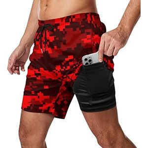 Rode Camouflage Zwembroek voor heren, sneldrogend, 2-in-1 strandsportshorts met compressieliner en zak