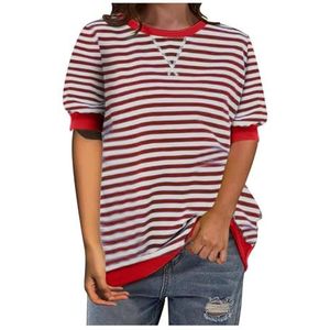 2024 Gestreept Shirt Dames Colorblocked Oversized Gestreepte Korte Mouw Gedrukt Ronde Hals T-shirt Eenvoudige Losse Trui Korte Mouw T-shirt (Color : Striped White Red, Size : S)