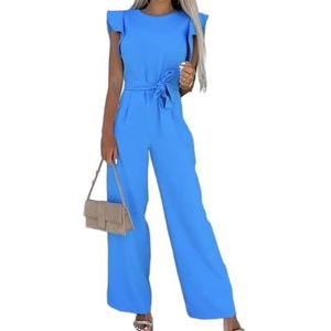 OHERUWKLS Dames Zomer Casual Effen Kleur Ronde Hals Ruffle Cap Mouw Brede Been Stropdas Jumpsuit,Blauw,L