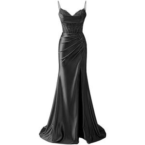 YIANN Satijnen baljurk met spaghettibandjes voor dames, met split, kant, applicatie, zeemeermin, lange baljurk, formele jurk, Zwart, 32