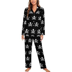 Piraat Jack Rackham vlag vrouwen lange mouw button down nachtkleding zachte nachtkleding lounge pyjama set XL