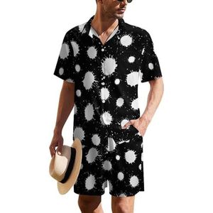 Zwarte verf spatten op witte heren Hawaiiaanse pak set 2-delige strand outfit korte mouw shirt en korte broek bijpassende set