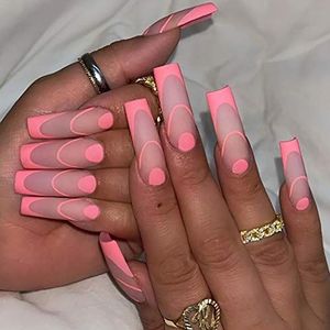Coffin False Nails Press on Nails French Long Fake Nails Ballerina Acrylic Stick on Nails 24pcs for Women and Girls (Color : Pink, Size : P)