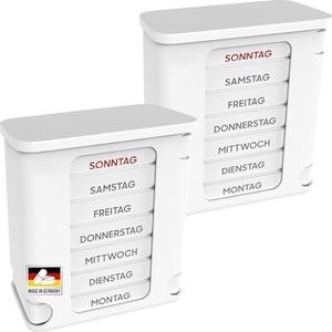 Kerpers® Tablettenbox 7 dagen, Made in Germany, pillendoos met 4 vakken, 's ochtends 's middags 's nachts, medicijnbox voor tabletten en supplementen (2 stuks, wit/wit)