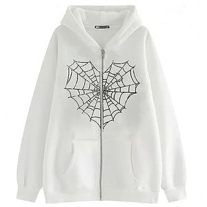 Sawmew Y2k Hoodie Zip Up Vrouwen Oversized Grafische Goth Sweatshirt Esthetische Vintage Tiener Meisjes Harajuku Sweater Jas (Color : White, Size : S)