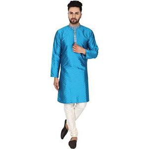 SKAVIJ Kurta Pyjama - Feestjurk met Lange Mouwen - Herenkostuum Turkoois M