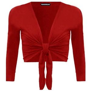 Hamishkane Nieuwe dames effen stropdas knoop vooraan bolero schouders bijgesneden lange mouwen vest top, Rood, 38/40 NL