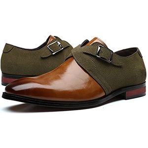 Geklede schoenen for heren Slip-on monniksband Zwart gepolijste teen PU-leer Antislip Antislipblokhak Rubberen zool Werkend (Color : Green, Size : 45 EU)