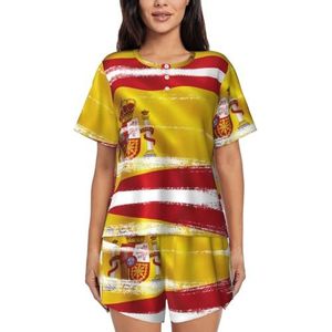 RIVETECH Spanje vlag print dames pyjama set korte mouwen - comfortabele korte sets, mouwen nachtkleding met zakken, Zwart, M