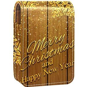 Gouden Kerst Sneeuwvlokken Houten Textuur Draagbare Lipstick Case voor Reizen,Mini Lipstick Opbergdoos met Spiegel voor Vrouwen Dames, Lederen Cosmetische Pouch, Meerkleurig, 9.5x2x7 cm/3.7x0.8x2.7 in