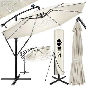 tillvex Zweefparasol Aluminium met LED Solar Ø 350 cm + Zwengel + Hoes + Windbescherming | Parasol met Standaard | Tuinparasol UV-bescherming | Waterdichte Draaiparasol Marktscherm