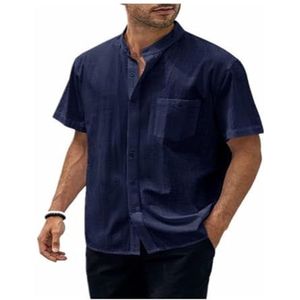 Linnen Henley-shirt For Heren, Casual Strandshirt Met Zakkraag En Tops Met Knoopsluiting(Dark blue,S)