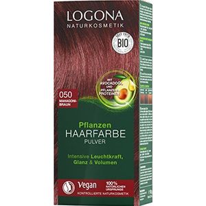 LOGONA Naturkosmetik Haarverf, poeder 050, mahoniebruin, met avocado-olie, bruin-rood, veganistisch en natuurlijk, rode natuurlijke haarkleur met henna, kleuring, 100 g