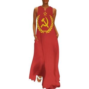 Sovjet-Unie CCCP USSR Embleem Rode Dames Jurken V-hals Zonnejurk Zomer Mouwloos Strand Lange Jurk Vakantie 5XL